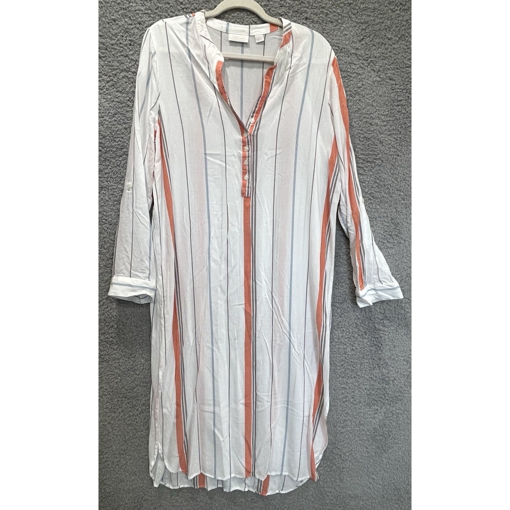 Nordstrom Lingerie Nightshirt Tunic Women's L White Stripe Rayon Sleep Shirt